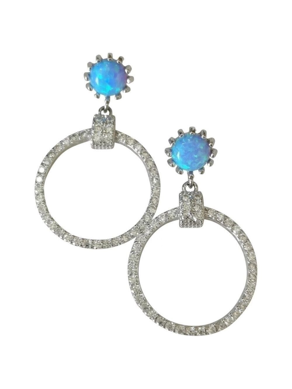 NEW, cz hoop earrings with blue opal in Sterling Silver